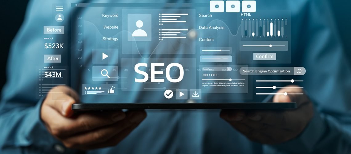 Businessman Analyze Optimize Web Banner Search Engine SEO For Business And Marketing Website Traffic Ranking Optimization Links And Keywords